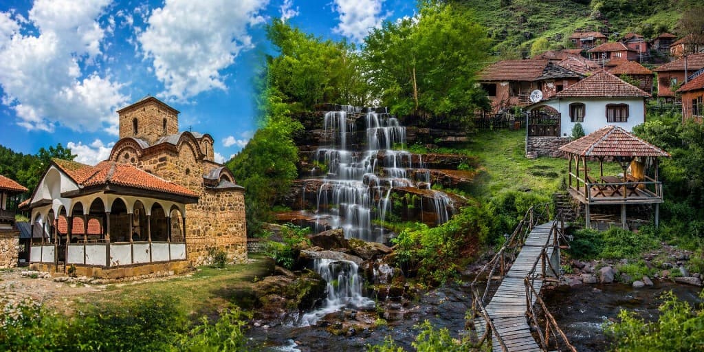 Panorama regiona — manastir, vodopad, planinsko selo. Otvara stranicu sa svim rutama i detaljima.
